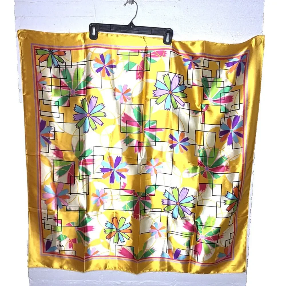 Vintage Elta Vibrant Doodle Floral Silk Scarf 36x36 Mod Eclectic Grandmacore